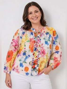 Princess Goes Hollywood white eyelet bright floral cotton Blouse Fits XL pretty